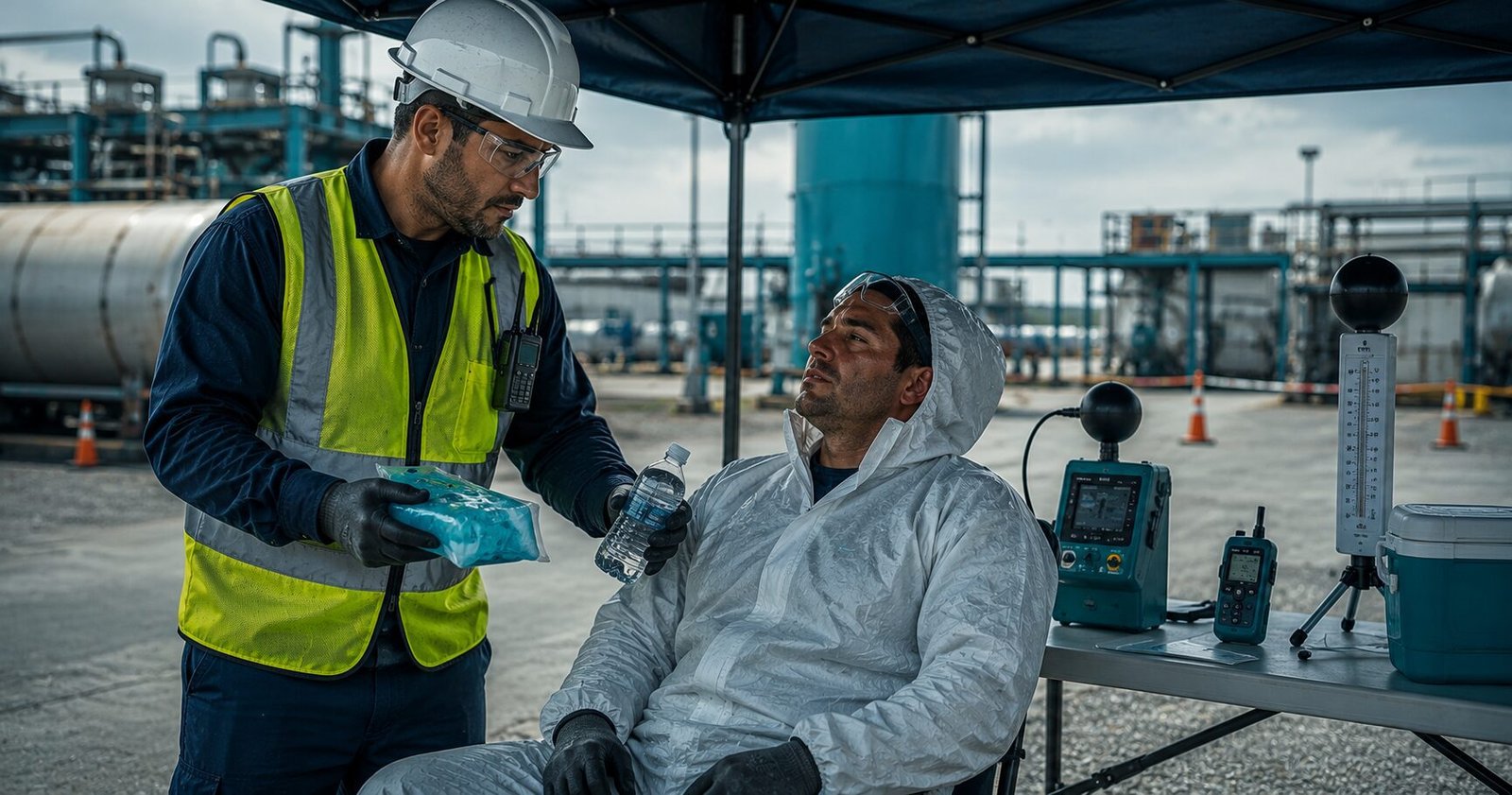 Safety supervisor providing cooling assistance to a HAZWOPER worker resting in the cold zone during heat stress prevention break