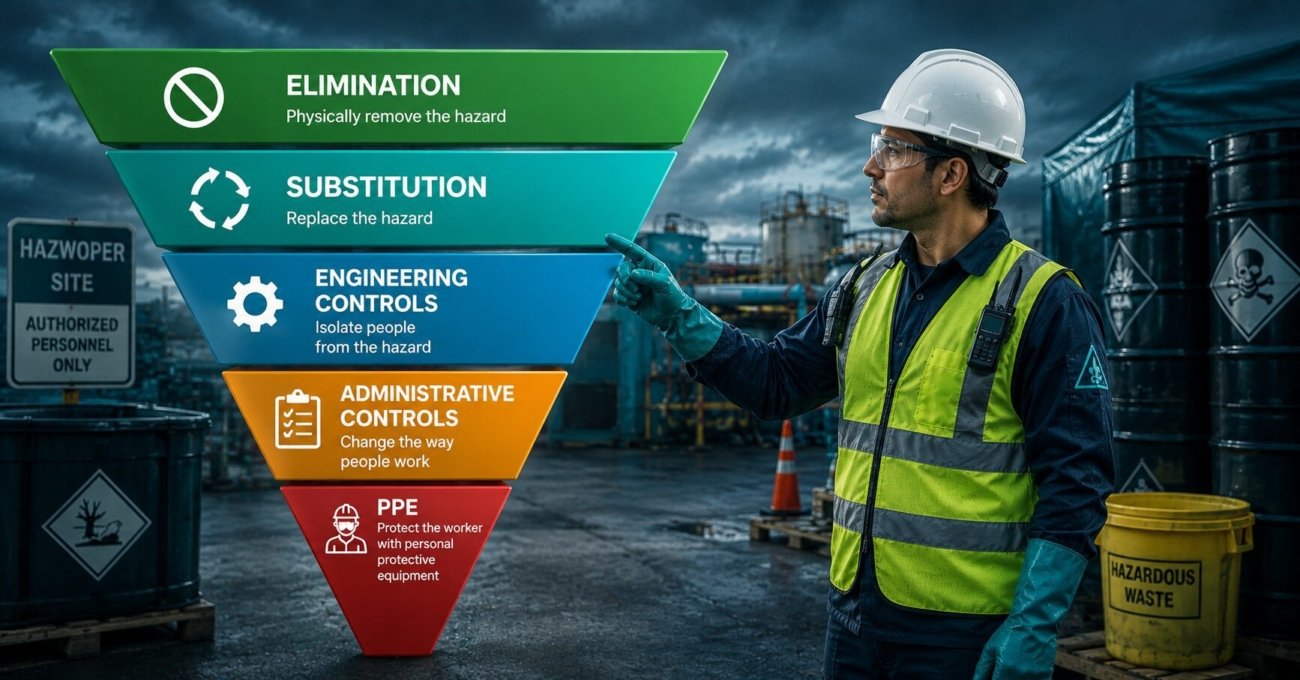 Worker at a HAZWOPER site standing beside the five-level hierarchy of controls pyramid diagram