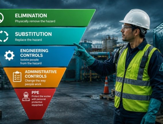 Worker at a HAZWOPER site standing beside the five-level hierarchy of controls pyramid diagram
