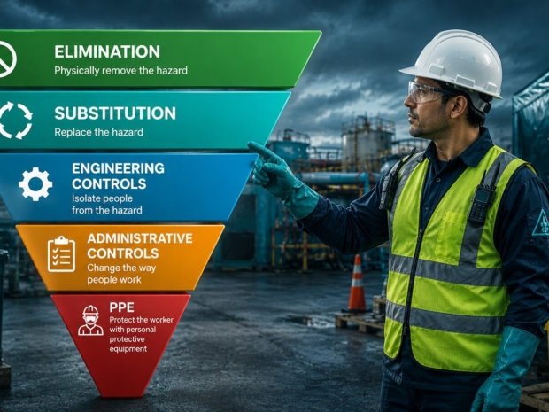 Worker at a HAZWOPER site standing beside the five-level hierarchy of controls pyramid diagram