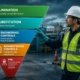 Worker at a HAZWOPER site standing beside the five-level hierarchy of controls pyramid diagram