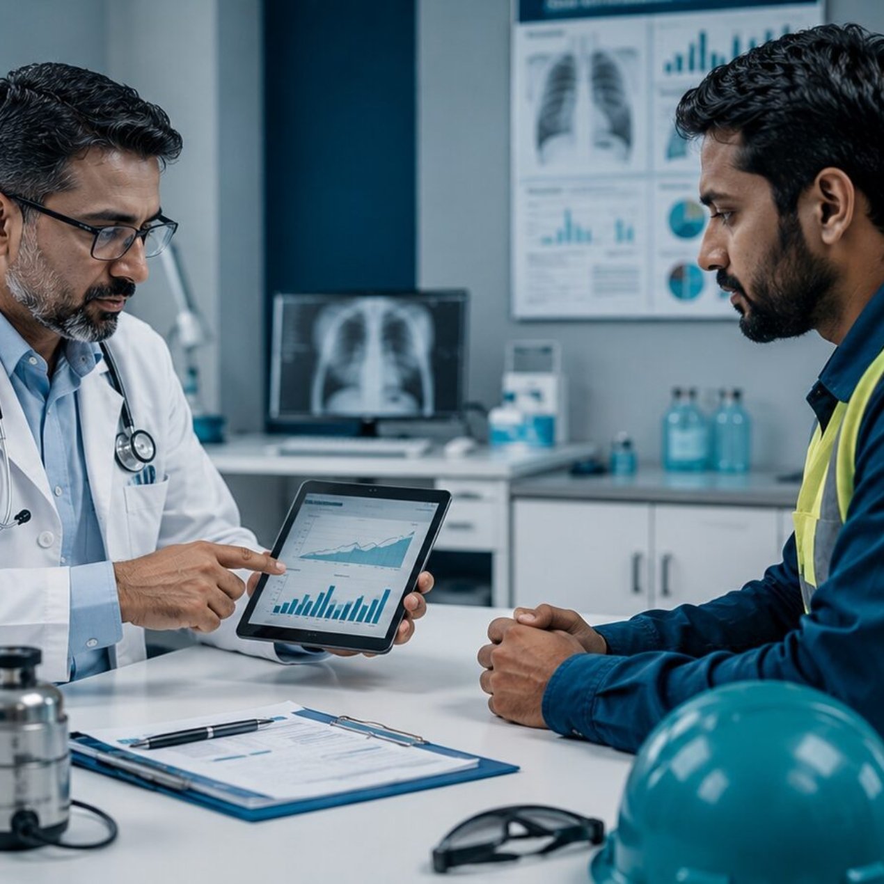 Occupational physician conducting a HAZWOPER medical surveillance examination with a hazardous waste site worker