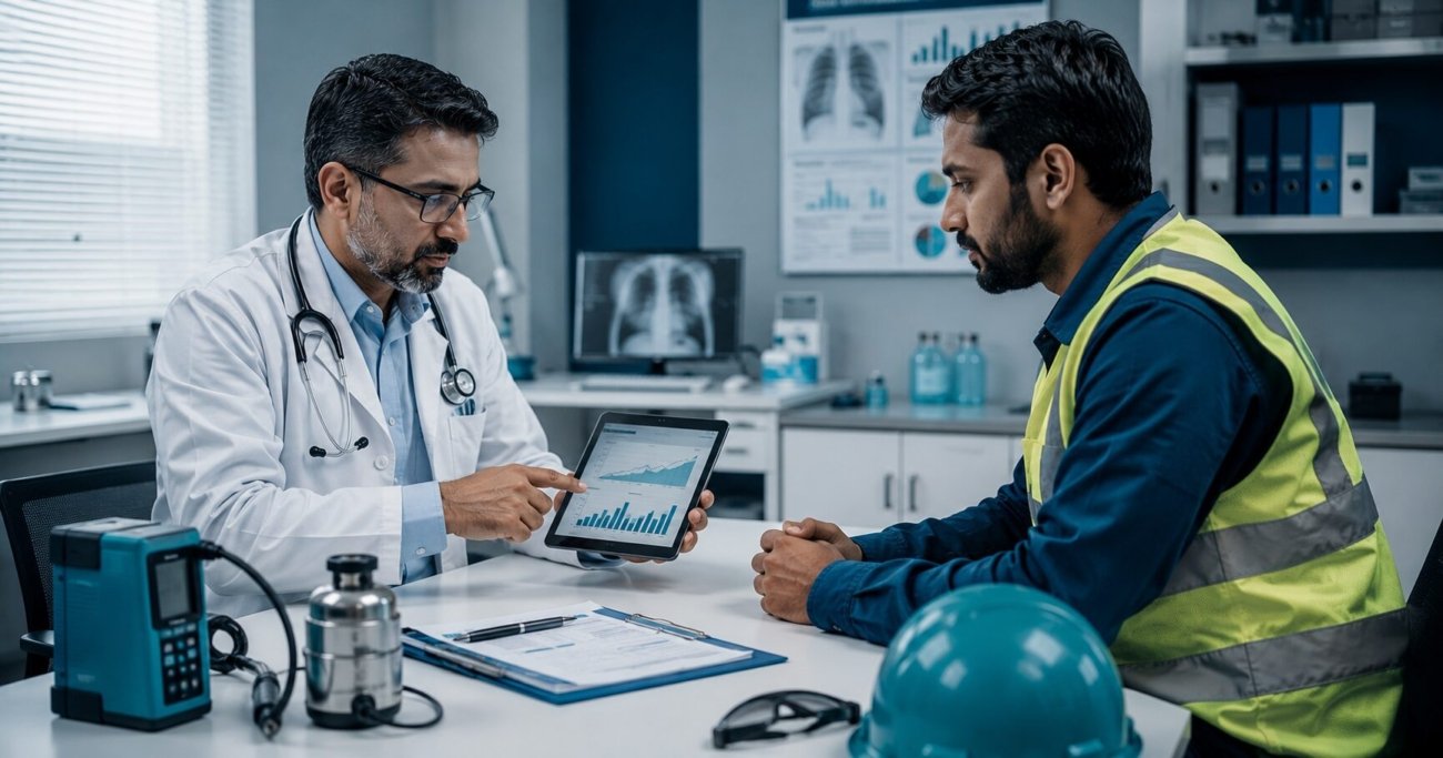 Occupational physician conducting a HAZWOPER medical surveillance examination with a hazardous waste site worker
