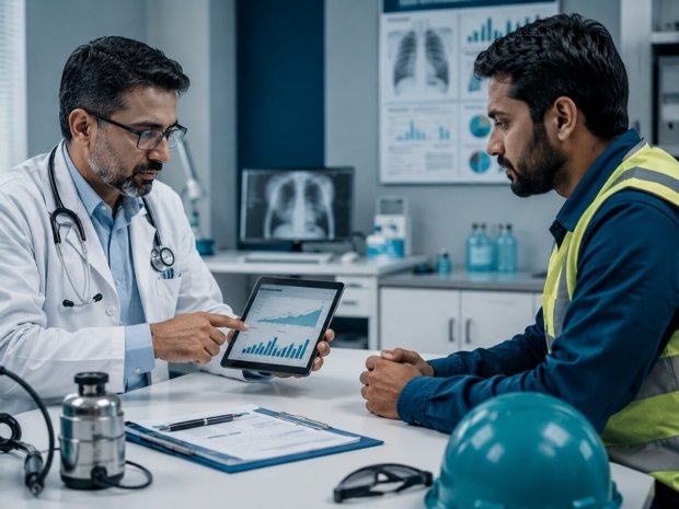 Occupational physician conducting a HAZWOPER medical surveillance examination with a hazardous waste site worker