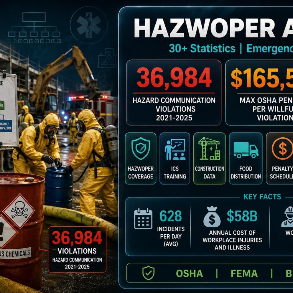 Infographic showing 30+ HAZWOPER and NIMS statistics including 36,984 hazard communication violations (2021-2025), $165,514 maximum OSHA penalty per willful violation, 5,070 worker deaths in 2024, and ICS training requirements under 29 CFR 1910.120. Data covers construction, food distribution, and general manufacturing emergency response coordination.