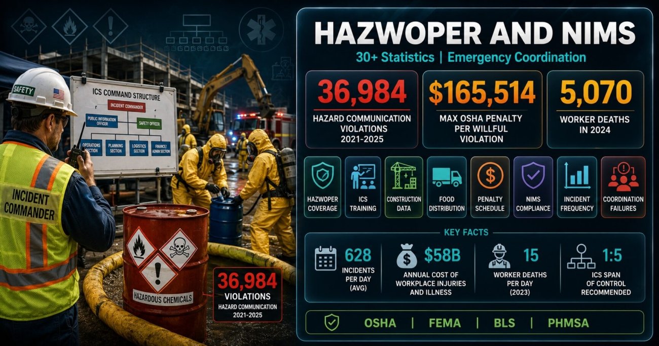 Infographic showing 30+ HAZWOPER and NIMS statistics including 36,984 hazard communication violations (2021-2025), $165,514 maximum OSHA penalty per willful violation, 5,070 worker deaths in 2024, and ICS training requirements under 29 CFR 1910.120. Data covers construction, food distribution, and general manufacturing emergency response coordination.