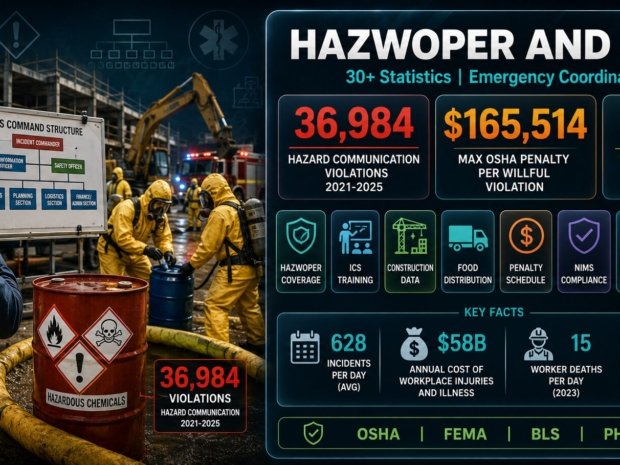 Infographic showing 30+ HAZWOPER and NIMS statistics including 36,984 hazard communication violations (2021-2025), $165,514 maximum OSHA penalty per willful violation, 5,070 worker deaths in 2024, and ICS training requirements under 29 CFR 1910.120. Data covers construction, food distribution, and general manufacturing emergency response coordination.