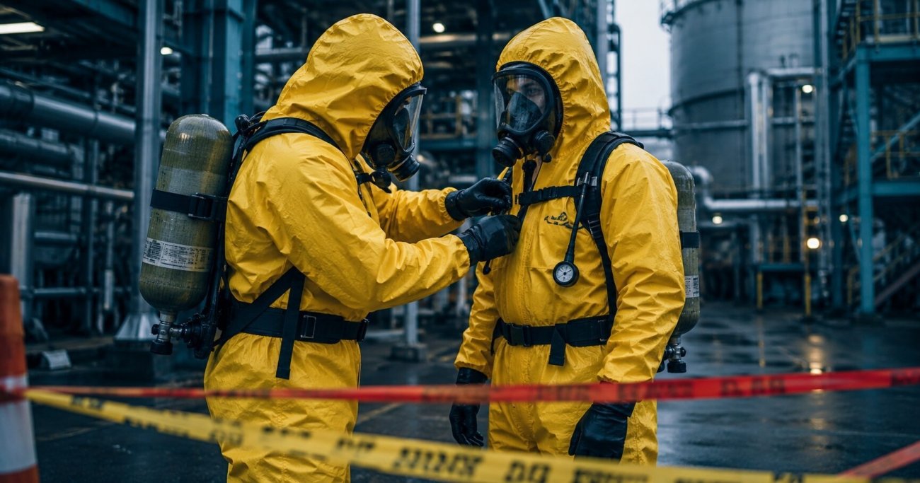 Two HAZWOPER workers in Level B chemical protective suits conducting pre-entry buddy inspection before hot zone entry