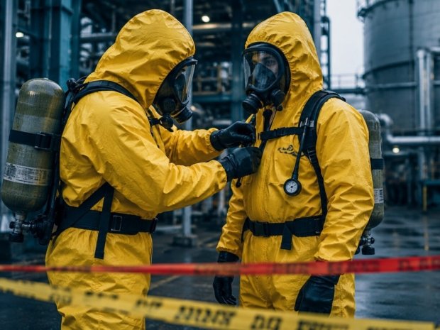 Two HAZWOPER workers in Level B chemical protective suits conducting pre-entry buddy inspection before hot zone entry