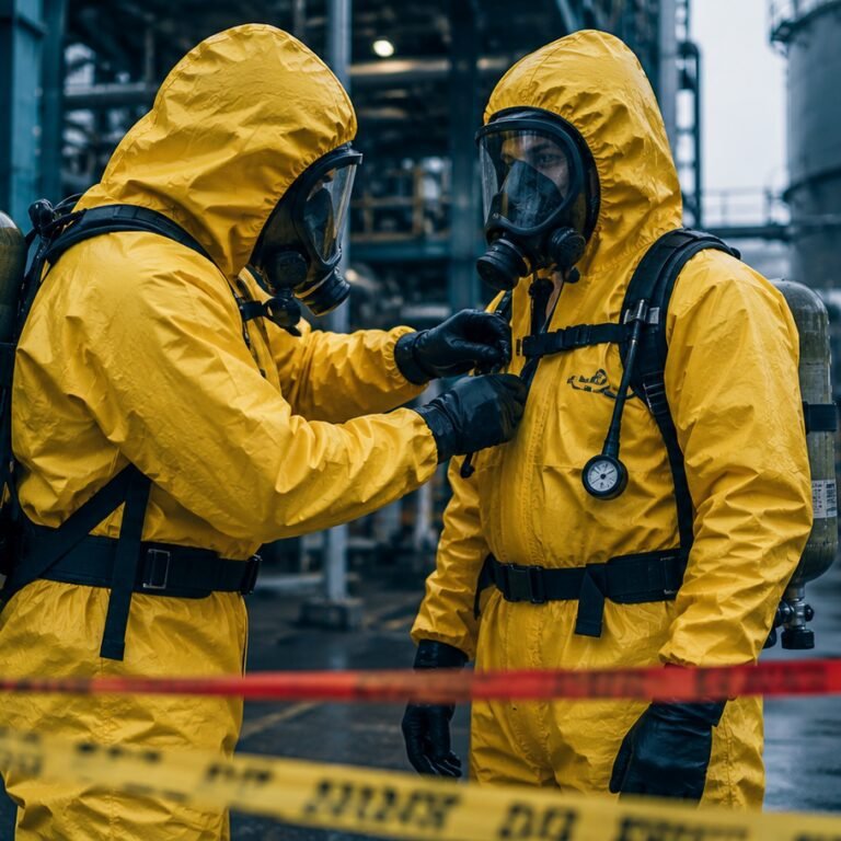 Two HAZWOPER workers in Level B chemical protective suits conducting pre-entry buddy inspection before hot zone entry