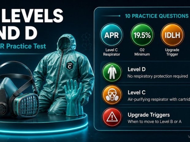 HAZWOPER PPE Levels C and D practice test infographic showing Level C air-purifying respirator requirements, Level D minimum protection criteria, and upgrade trigger conditions.