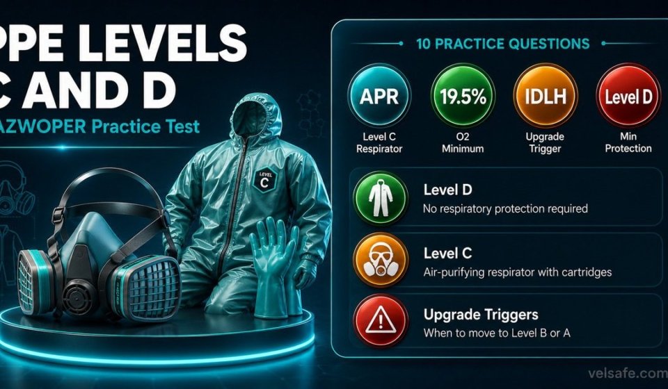 HAZWOPER PPE Levels C and D practice test infographic showing Level C air-purifying respirator requirements, Level D minimum protection criteria, and upgrade trigger conditions.