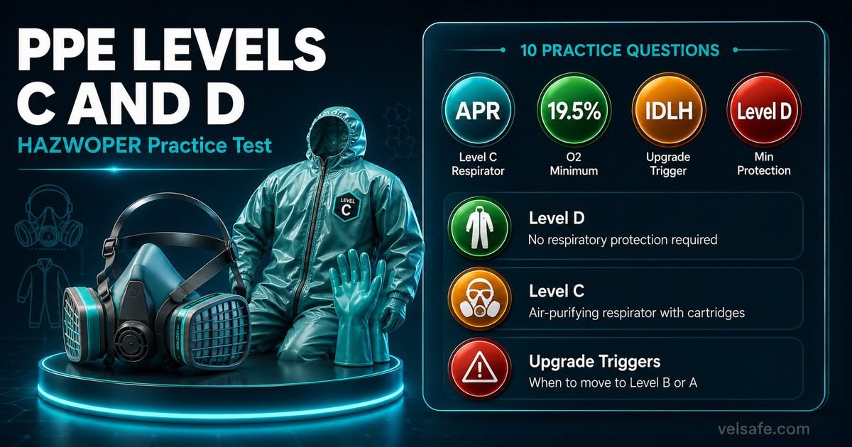 HAZWOPER PPE Levels C and D practice test infographic showing Level C air-purifying respirator requirements, Level D minimum protection criteria, and upgrade trigger conditions.