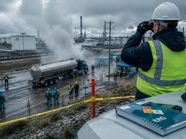 HAZWOPER first responder performing scene assessment from an upwind position using binoculars before approaching a hazmat incident