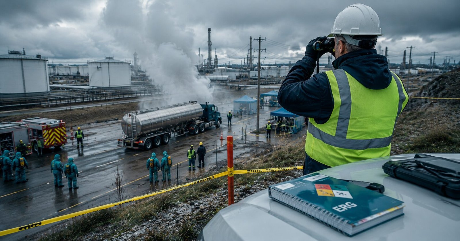 HAZWOPER first responder performing scene assessment from an upwind position using binoculars before approaching a hazmat incident
