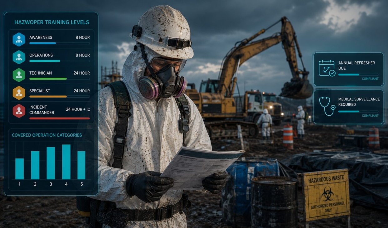 HAZWOPER-trained worker in full PPE reviewing site safety documentation at a hazardous waste remediation site