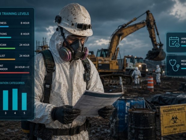 HAZWOPER-trained worker in full PPE reviewing site safety documentation at a hazardous waste remediation site