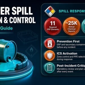HAZWOPER spill prevention and control infographic showing response phases, PPE levels, ERP requirements, and regulatory reporting obligations for workplace chemical spills.