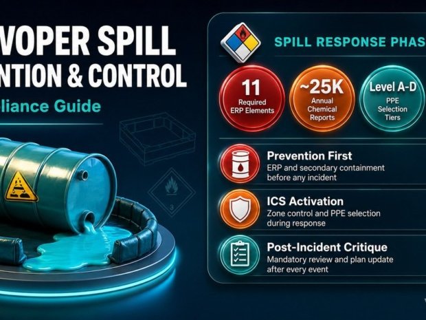 HAZWOPER spill prevention and control infographic showing response phases, PPE levels, ERP requirements, and regulatory reporting obligations for workplace chemical spills.