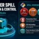 HAZWOPER spill prevention and control infographic showing response phases, PPE levels, ERP requirements, and regulatory reporting obligations for workplace chemical spills.