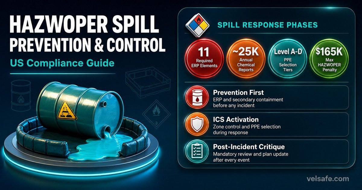HAZWOPER spill prevention and control infographic showing response phases, PPE levels, ERP requirements, and regulatory reporting obligations for workplace chemical spills.