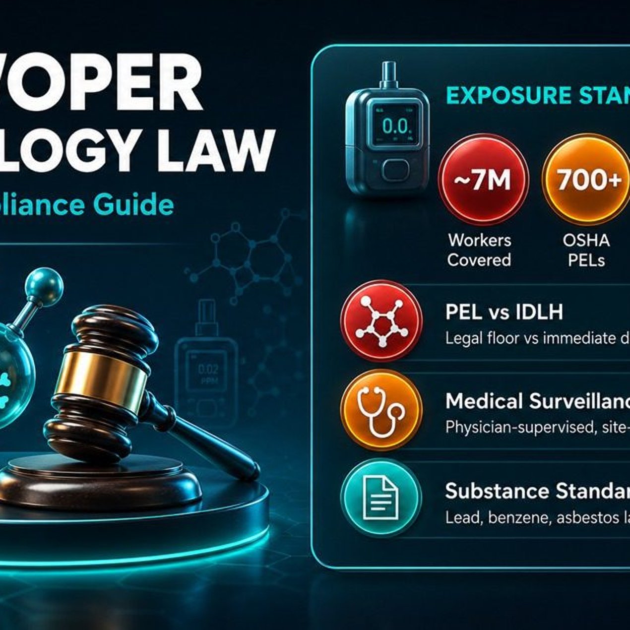 HAZWOPER toxicology compliance infographic showing exposure routes, PEL and IDLH standards, medical surveillance requirements, and substance-specific legal obligations under 29 CFR 1910.120.