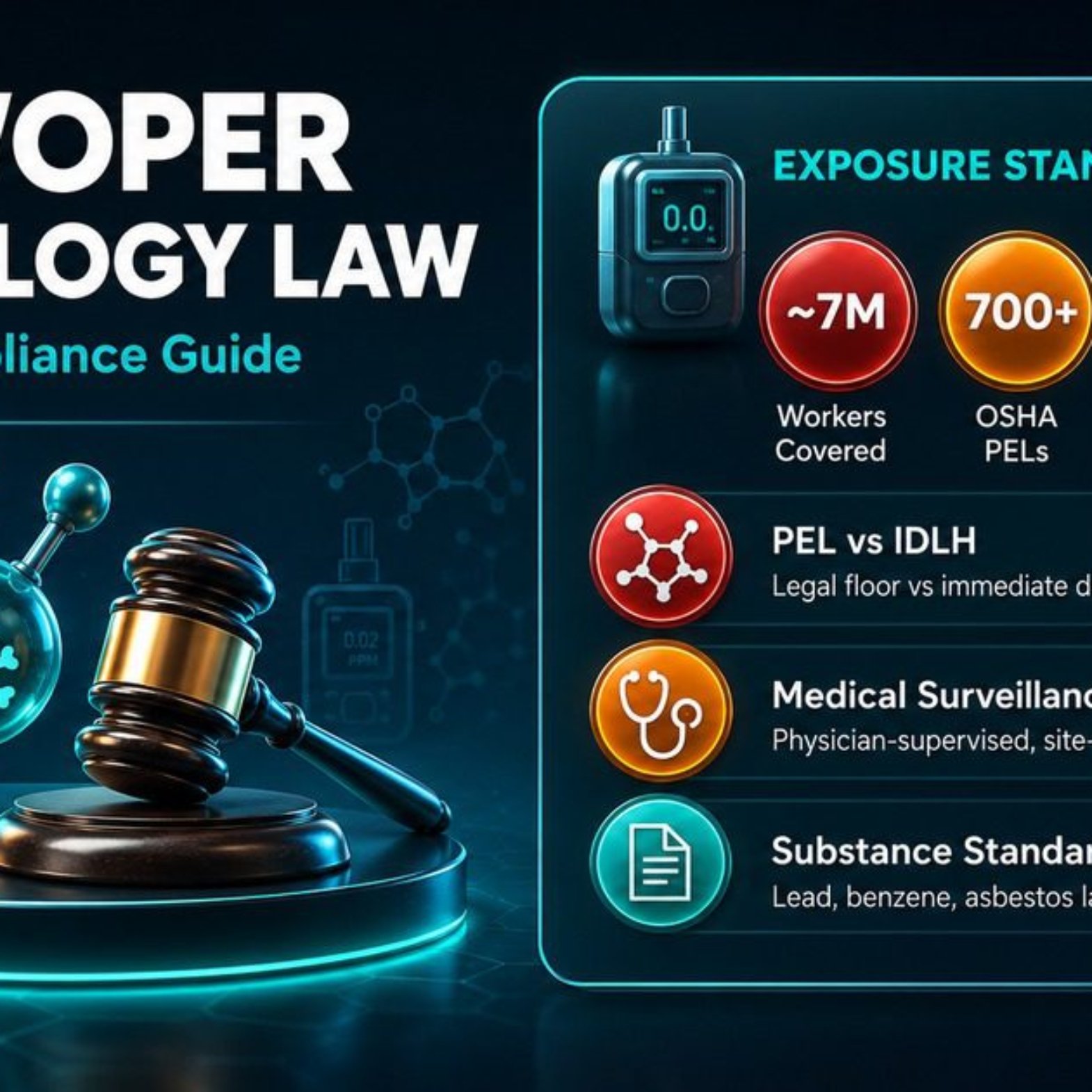 HAZWOPER toxicology compliance infographic showing exposure routes, PEL and IDLH standards, medical surveillance requirements, and substance-specific legal obligations under 29 CFR 1910.120.