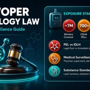 HAZWOPER toxicology compliance infographic showing exposure routes, PEL and IDLH standards, medical surveillance requirements, and substance-specific legal obligations under 29 CFR 1910.120.
