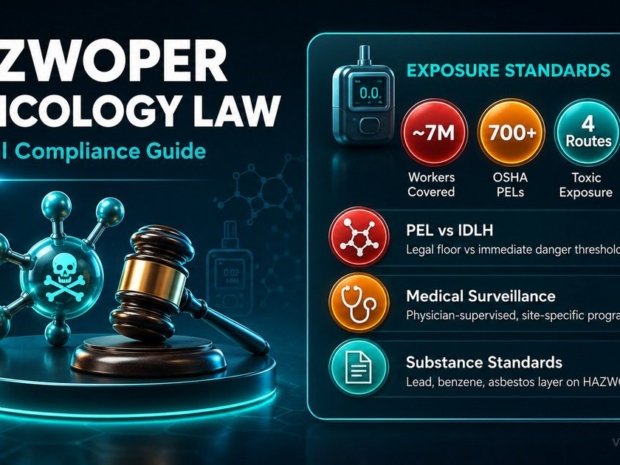 HAZWOPER toxicology compliance infographic showing exposure routes, PEL and IDLH standards, medical surveillance requirements, and substance-specific legal obligations under 29 CFR 1910.120.