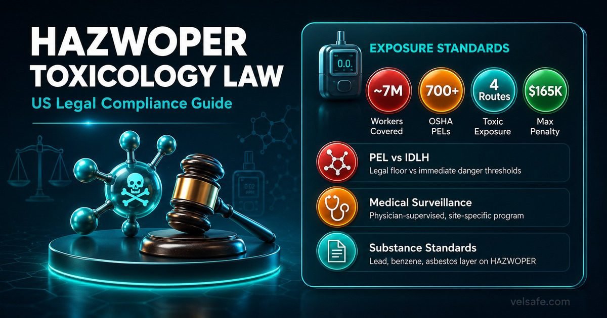 HAZWOPER toxicology compliance infographic showing exposure routes, PEL and IDLH standards, medical surveillance requirements, and substance-specific legal obligations under 29 CFR 1910.120.