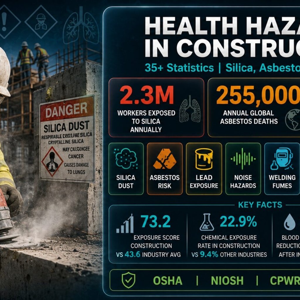 Infographic on health hazards in construction showing 35+ statistics: 2.3 million workers exposed to silica dust annually, 255,000 global asbestos deaths per year, 51% of construction workers exposed to hazardous noise, and a 73.2 chemical exposure score versus 43.6 for other industries. Covers silica, asbestos, lead, noise, and welding fume hazards with OSHA regulatory thresholds.