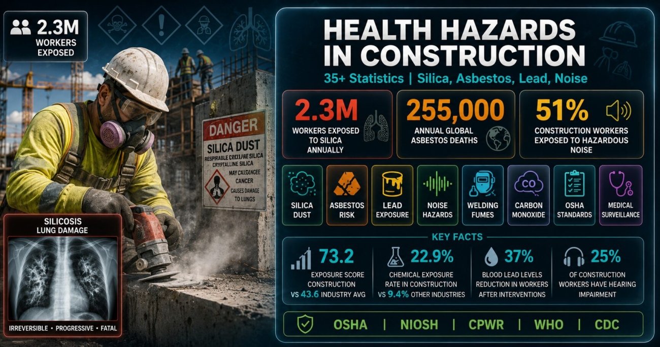 Infographic on health hazards in construction showing 35+ statistics: 2.3 million workers exposed to silica dust annually, 255,000 global asbestos deaths per year, 51% of construction workers exposed to hazardous noise, and a 73.2 chemical exposure score versus 43.6 for other industries. Covers silica, asbestos, lead, noise, and welding fume hazards with OSHA regulatory thresholds.
