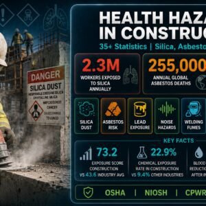 Infographic on health hazards in construction showing 35+ statistics: 2.3 million workers exposed to silica dust annually, 255,000 global asbestos deaths per year, 51% of construction workers exposed to hazardous noise, and a 73.2 chemical exposure score versus 43.6 for other industries. Covers silica, asbestos, lead, noise, and welding fume hazards with OSHA regulatory thresholds.