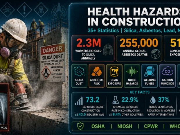 Infographic on health hazards in construction showing 35+ statistics: 2.3 million workers exposed to silica dust annually, 255,000 global asbestos deaths per year, 51% of construction workers exposed to hazardous noise, and a 73.2 chemical exposure score versus 43.6 for other industries. Covers silica, asbestos, lead, noise, and welding fume hazards with OSHA regulatory thresholds.