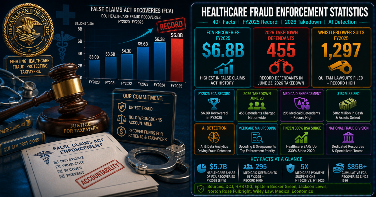 Healthcare fraud enforcement statistics infographic showing $6.8 billion in False Claims Act recoveries in FY2025 (the highest in statute history), 455 defendants in the June 2026 National Health Care Fraud Takedown (a record), 1,297 whistleblower qui tam lawsuits filed in FY2025 (a record), and a fivefold increase in Medicare payment suspensions in the first half of 2026.