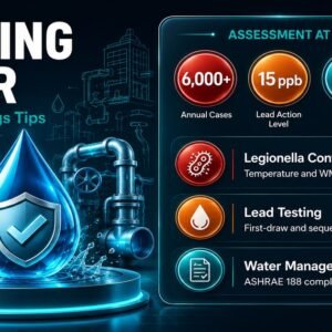 Healthy buildings drinking water assessment infographic showing Legionella control temperatures, lead action levels, ASHRAE 188 water management plan requirements, and flushing protocols.