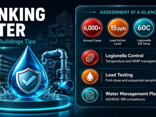Healthy buildings drinking water assessment infographic showing Legionella control temperatures, lead action levels, ASHRAE 188 water management plan requirements, and flushing protocols.