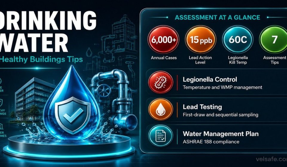 Healthy buildings drinking water assessment infographic showing Legionella control temperatures, lead action levels, ASHRAE 188 water management plan requirements, and flushing protocols.