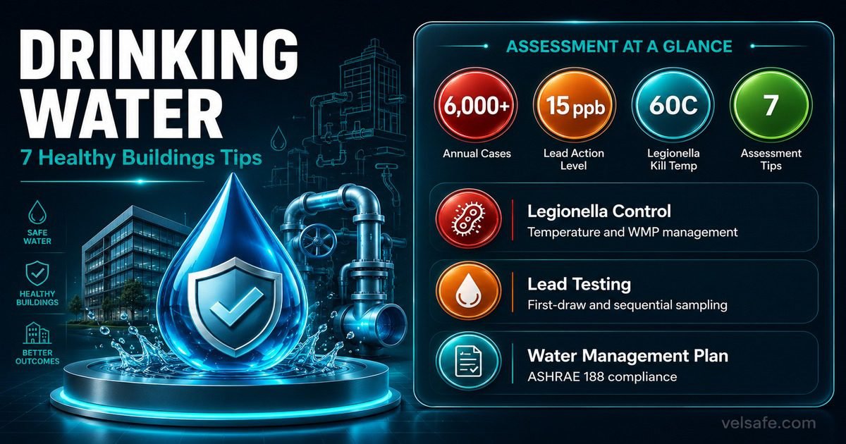Healthy buildings drinking water assessment infographic showing Legionella control temperatures, lead action levels, ASHRAE 188 water management plan requirements, and flushing protocols.