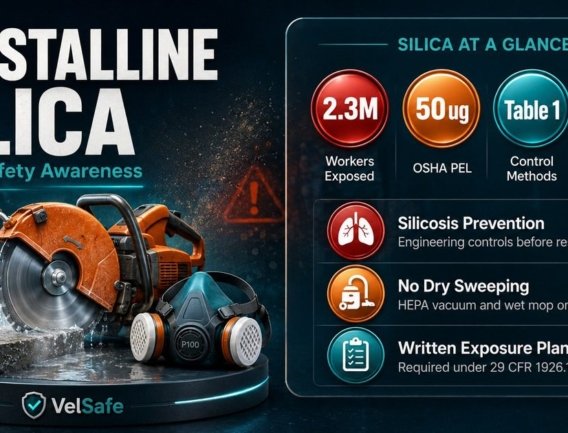 Crystalline silica worker safety infographic showing OSHA PEL of 50 micrograms, Table 1 controls, no dry sweeping rule, and written exposure control plan requirements for healthy buildings workers.