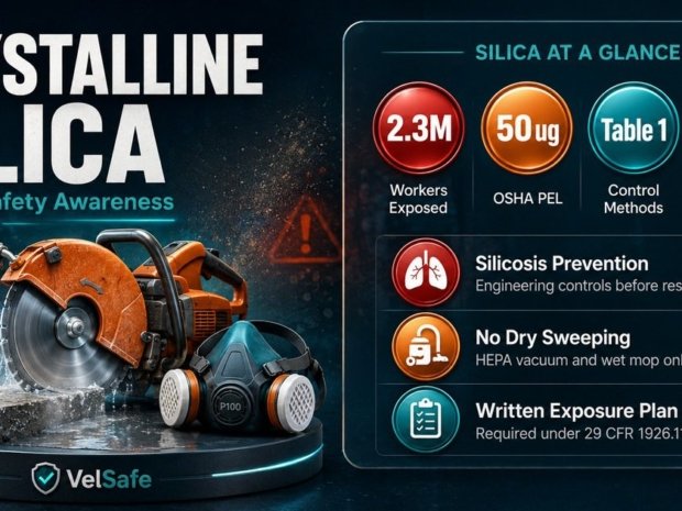 Crystalline silica worker safety infographic showing OSHA PEL of 50 micrograms, Table 1 controls, no dry sweeping rule, and written exposure control plan requirements for healthy buildings workers.