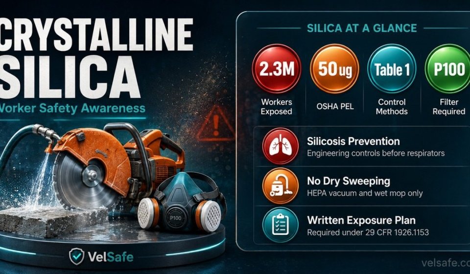 Crystalline silica worker safety infographic showing OSHA PEL of 50 micrograms, Table 1 controls, no dry sweeping rule, and written exposure control plan requirements for healthy buildings workers.