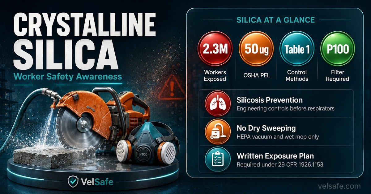 Crystalline silica worker safety infographic showing OSHA PEL of 50 micrograms, Table 1 controls, no dry sweeping rule, and written exposure control plan requirements for healthy buildings workers.