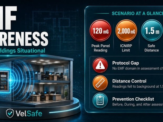 Healthy buildings EMF awareness infographic showing office EMF scenario, ICNIRP limits, distance mitigation, assessment protocol requirements, and 4-step corrective action plan.