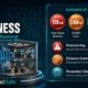 Healthy buildings EMF awareness infographic showing office EMF scenario, ICNIRP limits, distance mitigation, assessment protocol requirements, and 4-step corrective action plan.