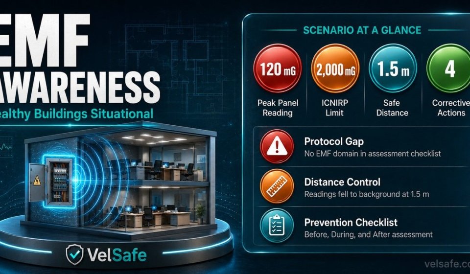 Healthy buildings EMF awareness infographic showing office EMF scenario, ICNIRP limits, distance mitigation, assessment protocol requirements, and 4-step corrective action plan.