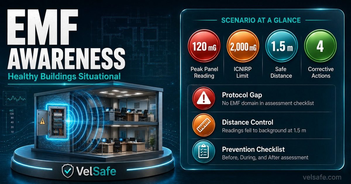 Healthy buildings EMF awareness infographic showing office EMF scenario, ICNIRP limits, distance mitigation, assessment protocol requirements, and 4-step corrective action plan.