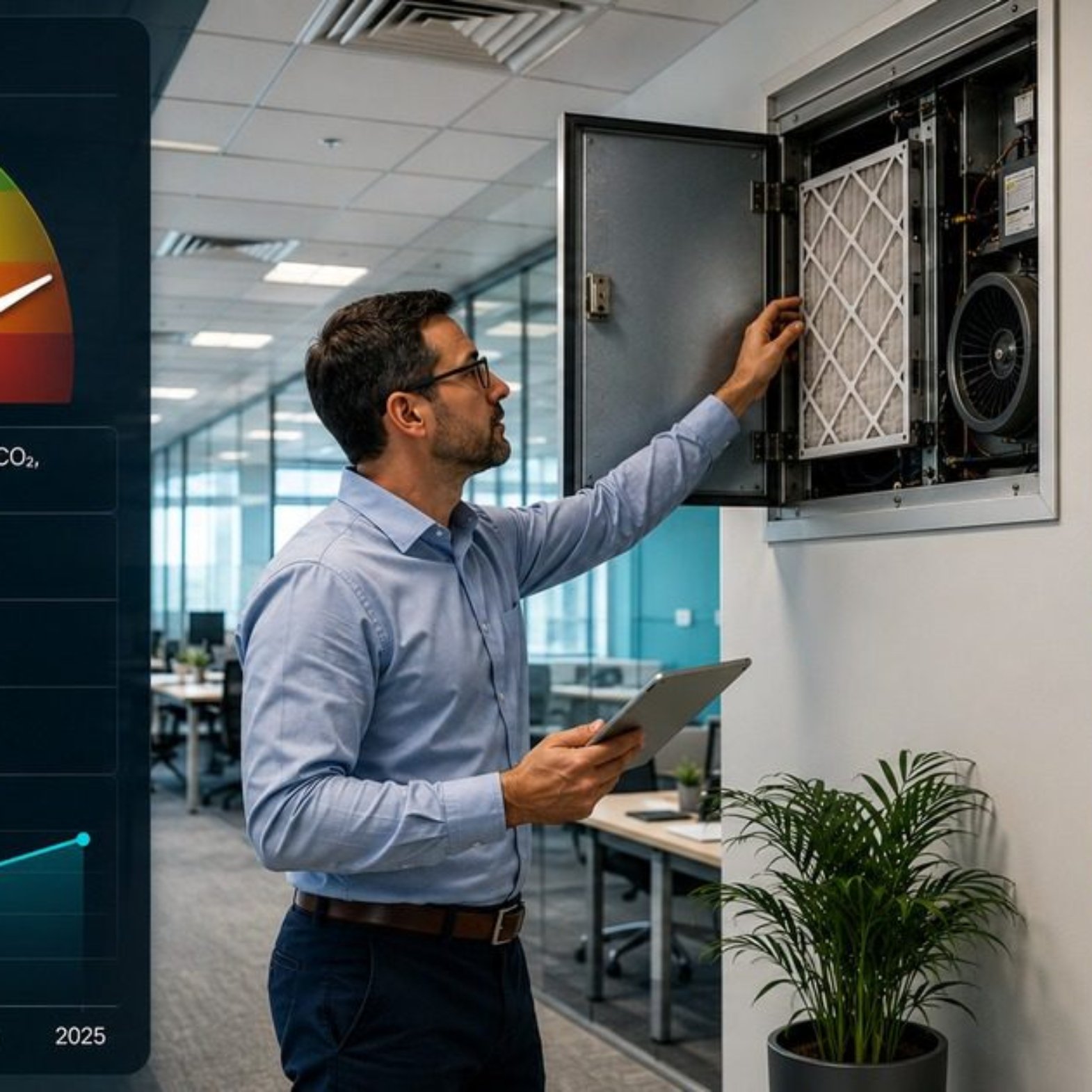 Indoor air quality law compliance infographic showing a facilities manager inspecting an HVAC system in a modern office with an IAQ risk gauge overlay, CO2 level bands, complaint trend chart, and employer obligation signage.