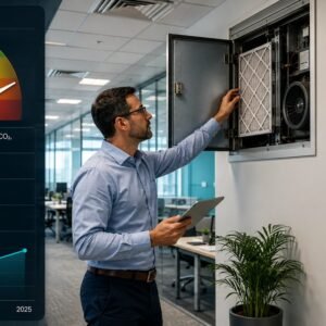 Indoor air quality law compliance infographic showing a facilities manager inspecting an HVAC system in a modern office with an IAQ risk gauge overlay, CO2 level bands, complaint trend chart, and employer obligation signage.