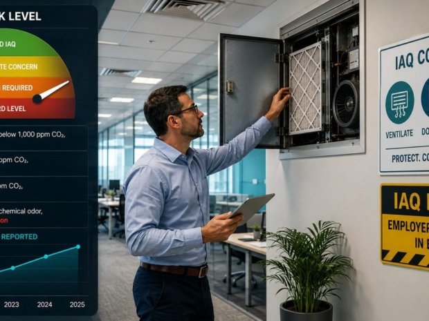 Indoor air quality law compliance infographic showing a facilities manager inspecting an HVAC system in a modern office with an IAQ risk gauge overlay, CO2 level bands, complaint trend chart, and employer obligation signage.